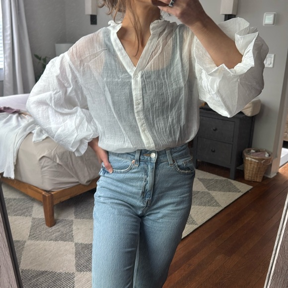 Boho Cotton Blend Button up White Full Bishop Sleeve Top - Picture 2 of 10